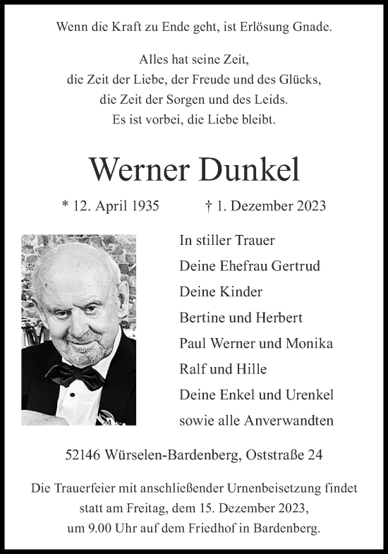Traueranzeige von Werner Dunkel von Aachener Zeitung