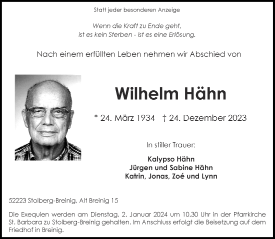 Traueranzeige von Wilhelm Hähn von Aachener Zeitung