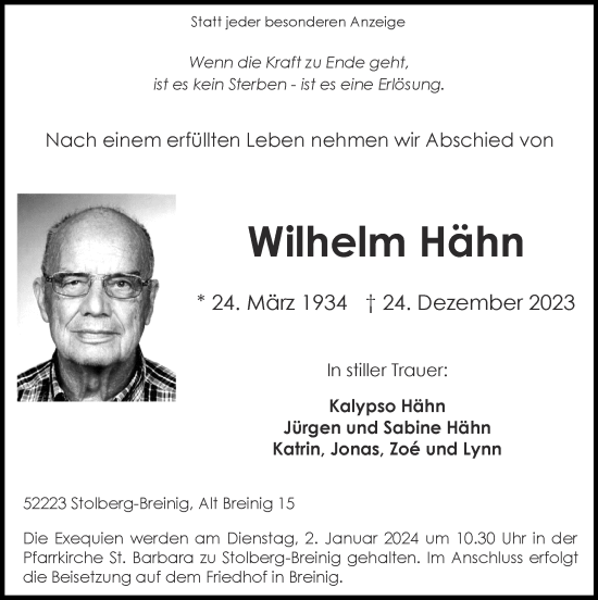 Traueranzeige von Wilhelm Hähn von Zeitung am Sonntag