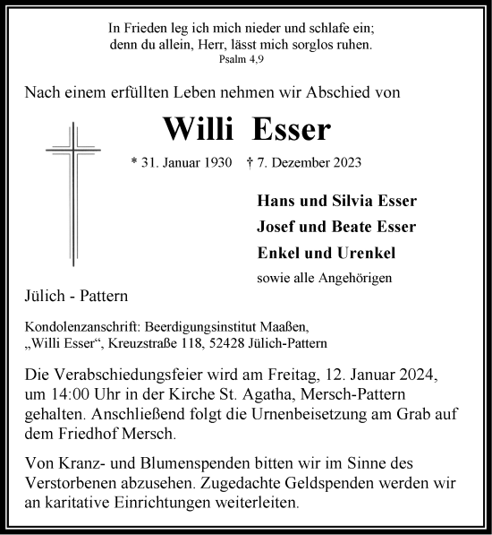 Traueranzeige von Willi Esser von Zeitung am Sonntag