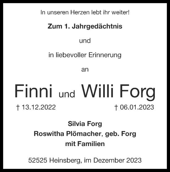 Traueranzeige von Willi Forg von Zeitung am Sonntag