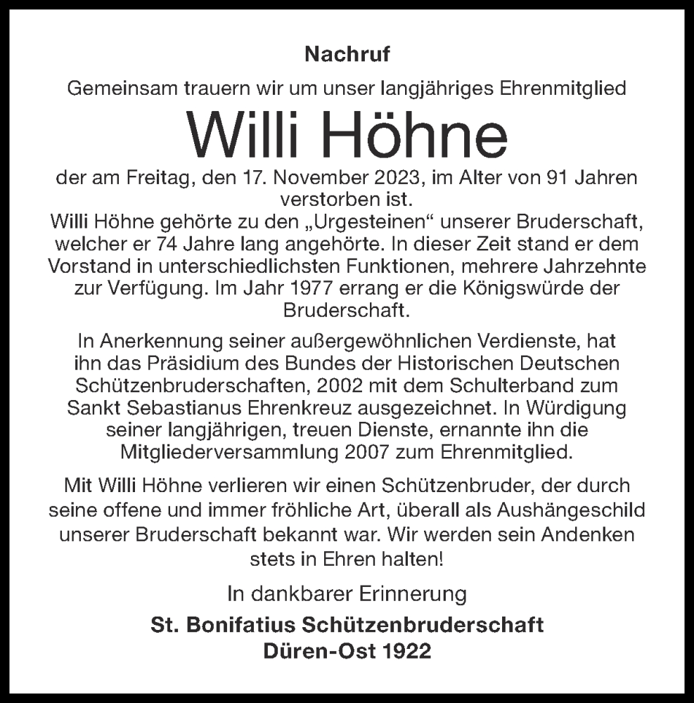  Traueranzeige für Willi Höhne vom 10.12.2023 aus Zeitung am Sonntag