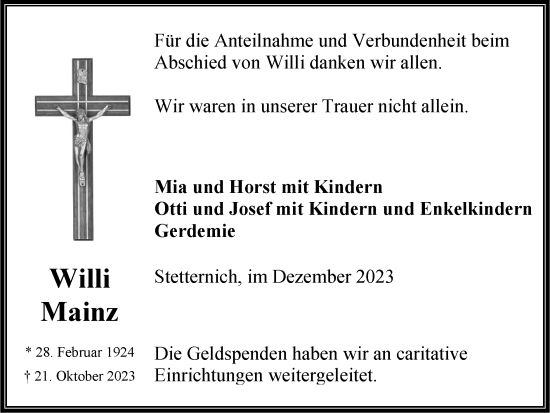 Traueranzeige von Willi Mainz von Zeitung am Sonntag