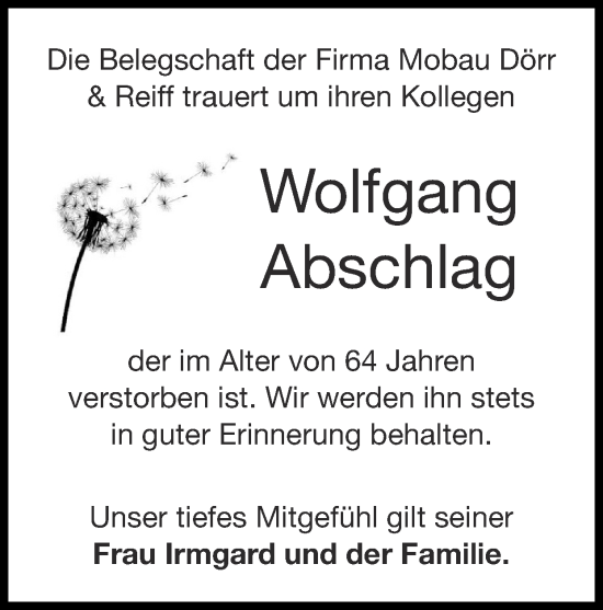Traueranzeige von Wolfgang Abschlag von Zeitung am Sonntag
