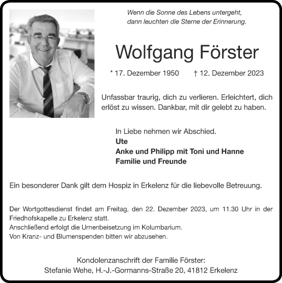 Traueranzeige von Wolfgang Förster von Zeitung am Sonntag