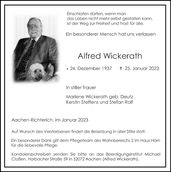 Traueranzeige von Alfred Wickerath von Zeitung am Sonntag
