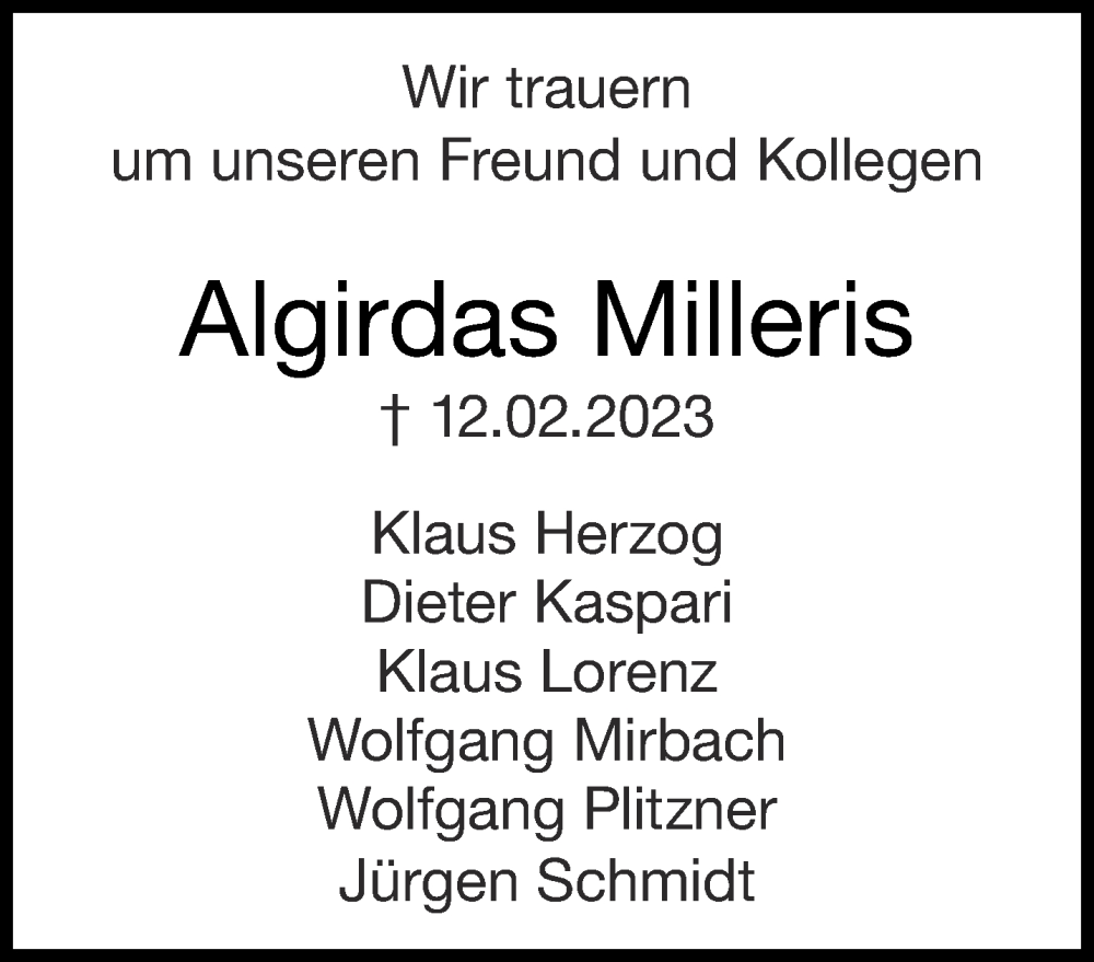  Traueranzeige für Algirdas Milleris vom 18.02.2023 aus Aachener Zeitung / Aachener Nachrichten