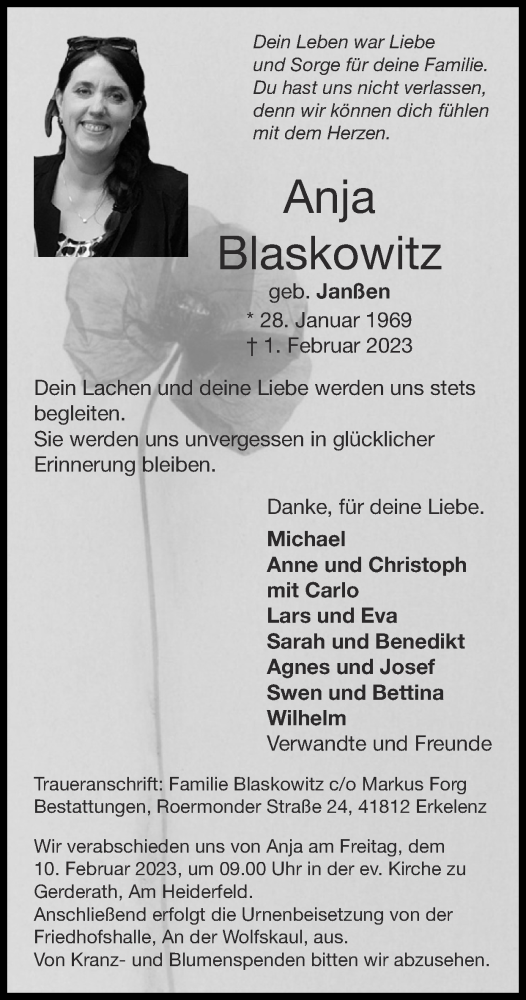  Traueranzeige für Anja Blaskowitz vom 05.02.2023 aus Zeitung am Sonntag