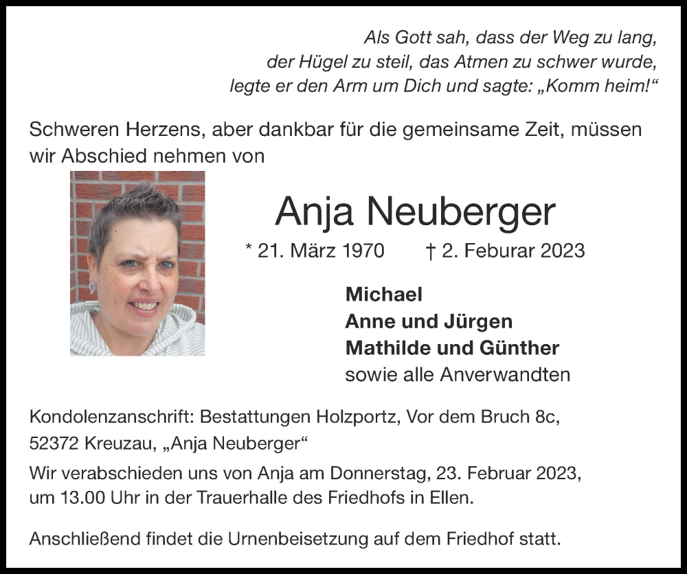  Traueranzeige für Anja Neuberger vom 12.02.2023 aus Zeitung am Sonntag