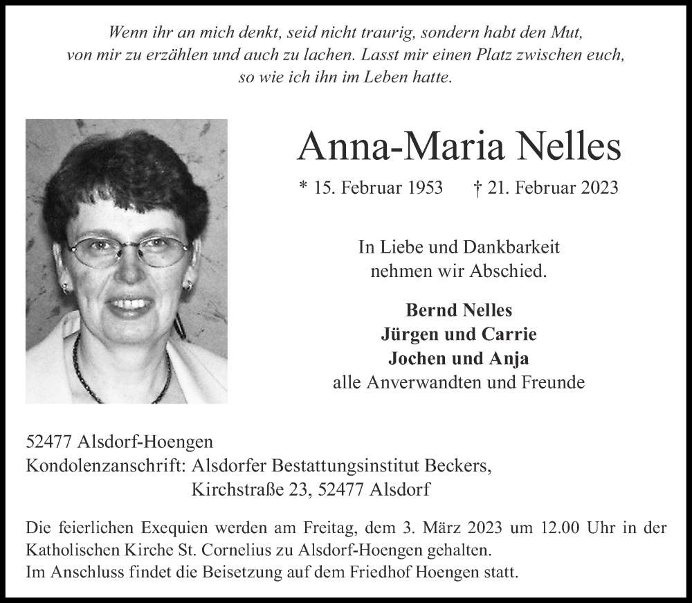  Traueranzeige für Anna-Maria Nelles vom 25.02.2023 aus Aachener Zeitung / Aachener Nachrichten