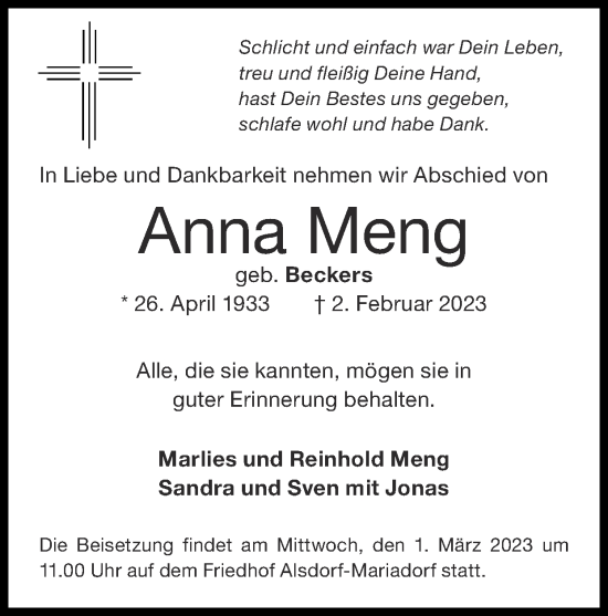 Traueranzeige von Anna Meng von Zeitung am Sonntag