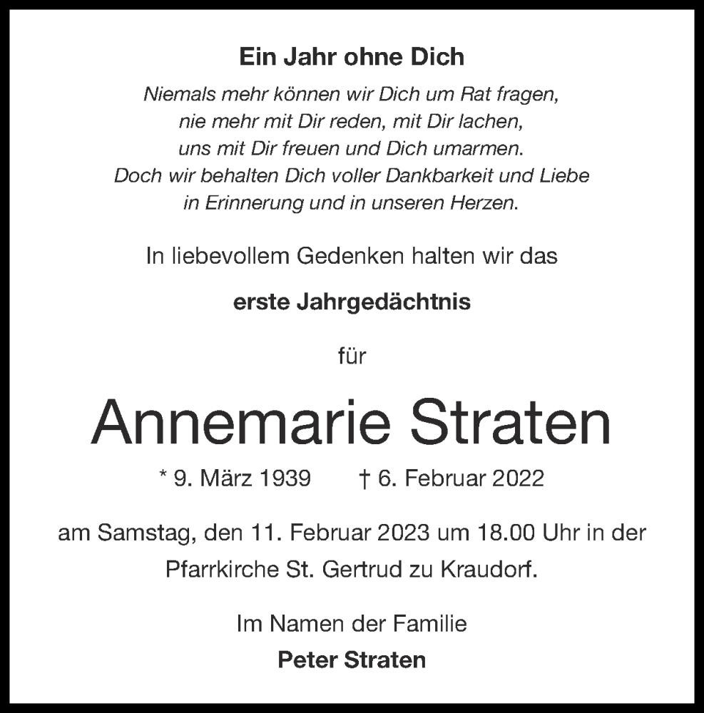  Traueranzeige für Annemarie Straten vom 05.02.2023 aus Zeitung am Sonntag
