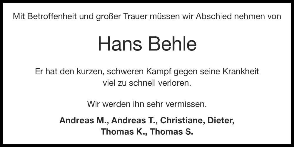  Traueranzeige für Hans-Josef Behle vom 25.02.2022 aus 	Aachener Zeitung / Aachener Nachrichten vom 25.02.2023