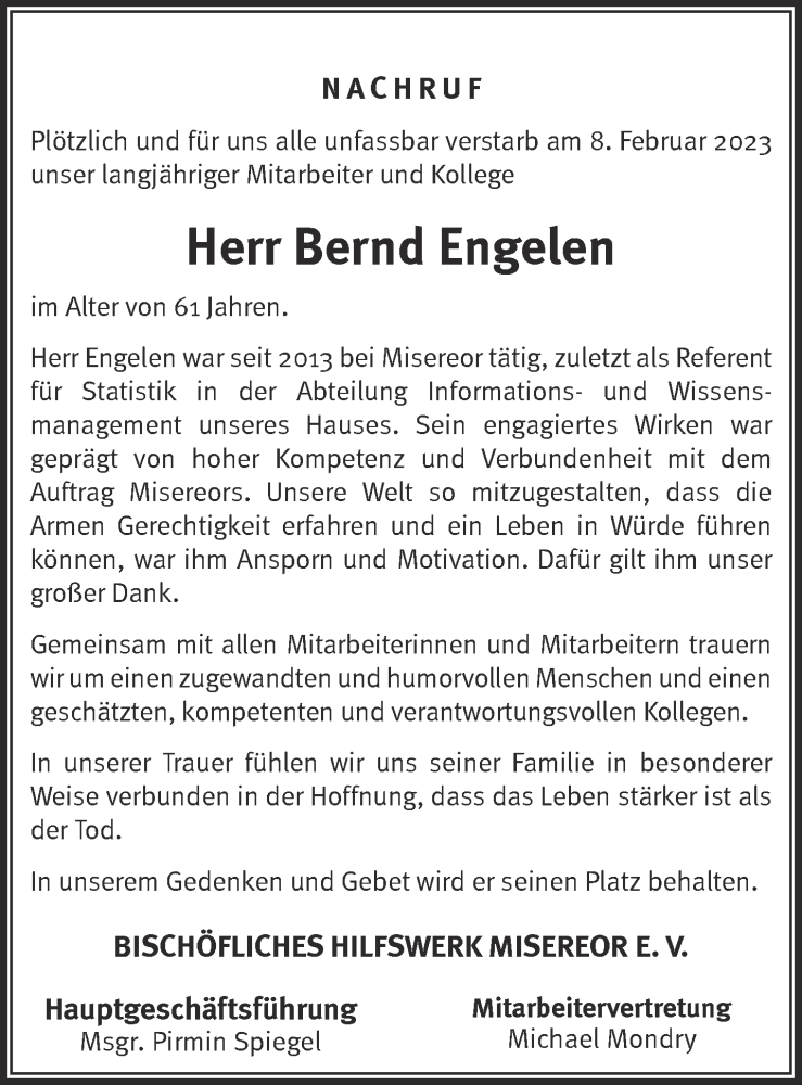  Traueranzeige für Bernd Engelen vom 11.02.2023 aus Aachener Zeitung / Aachener Nachrichten