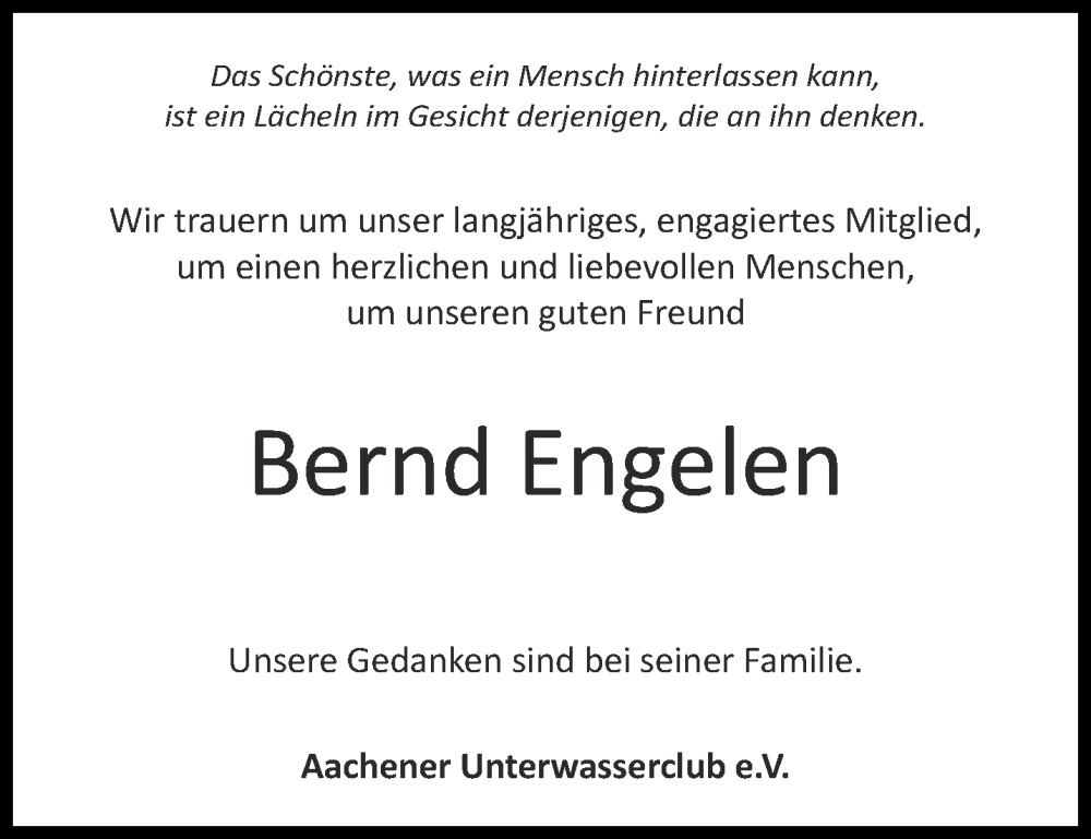  Traueranzeige für Bernd Engelen vom 11.02.2023 aus Aachener Zeitung / Aachener Nachrichten