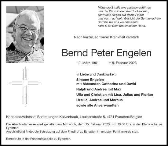 Traueranzeige von Bernd Peter Engelen von Aachener Zeitung / Aachener Nachrichten