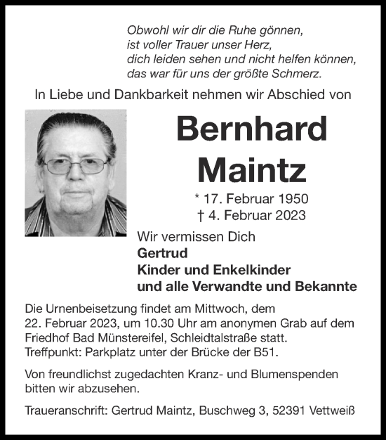 Traueranzeige von Bernhard Maintz von Zeitung am Sonntag