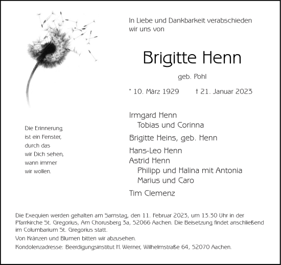 Traueranzeige von Brigitte Henn von Aachener Zeitung / Aachener Nachrichten