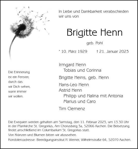 Traueranzeige von Brigitte Henn von Zeitung am Sonntag