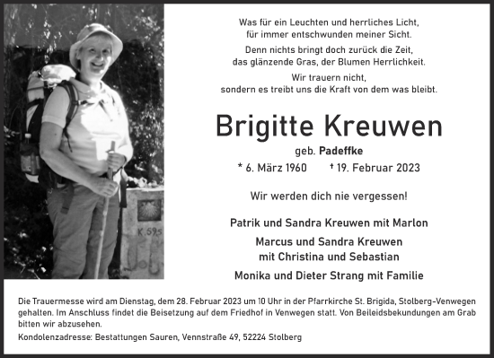 Traueranzeige von Brigitte Kreuwen von Aachener Zeitung / Aachener Nachrichten