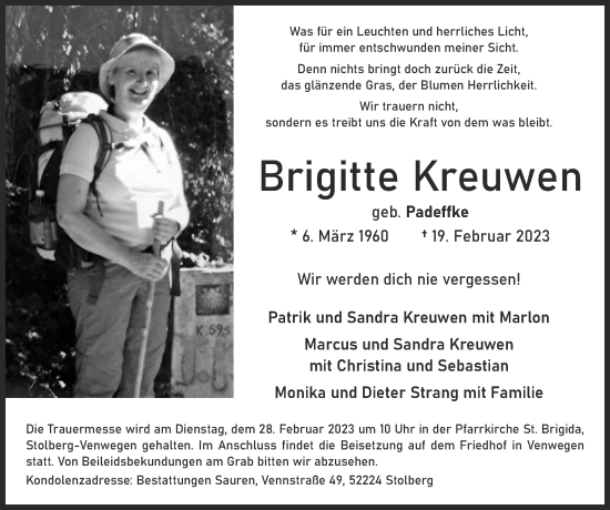 Traueranzeige von Brigitte Kreuwen von Zeitung am Sonntag