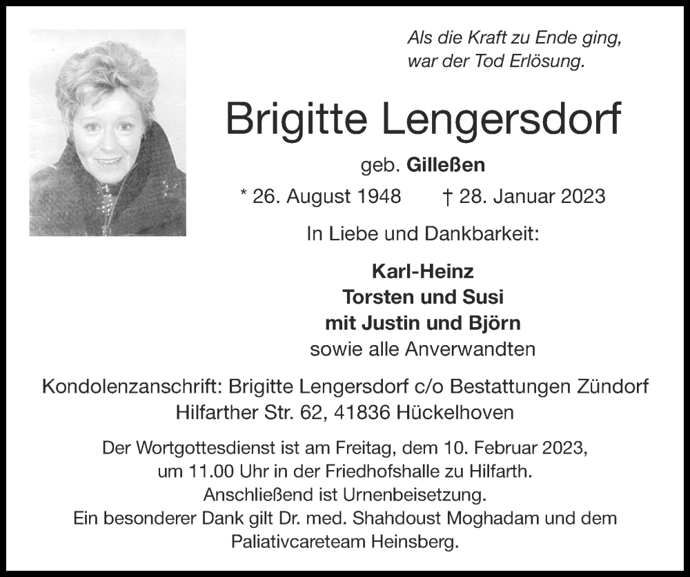  Traueranzeige für Brigitte Lengersdorf vom 05.02.2023 aus Zeitung am Sonntag