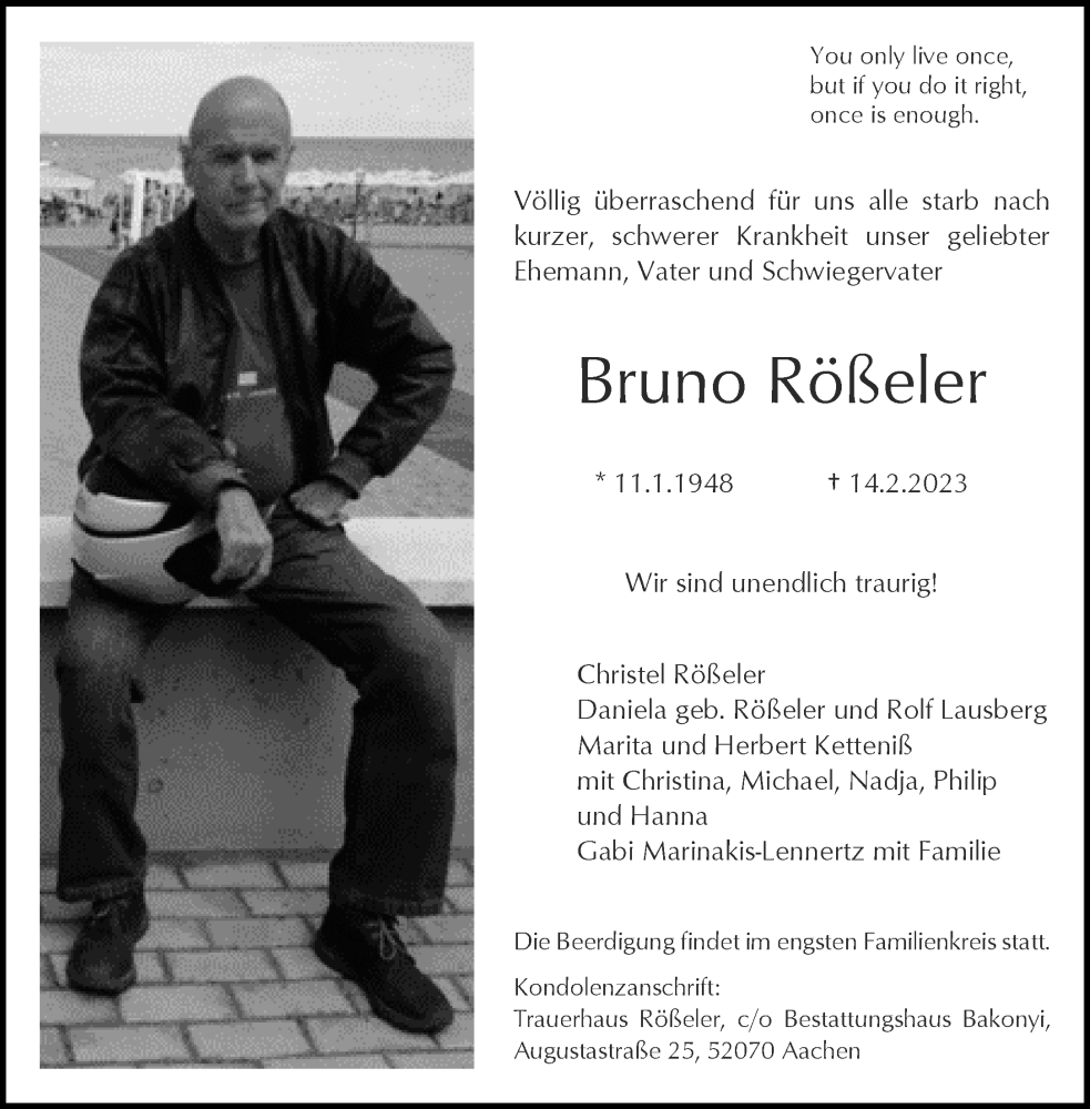  Traueranzeige für Bruno Rößeler vom 18.02.2023 aus Aachener Zeitung / Aachener Nachrichten