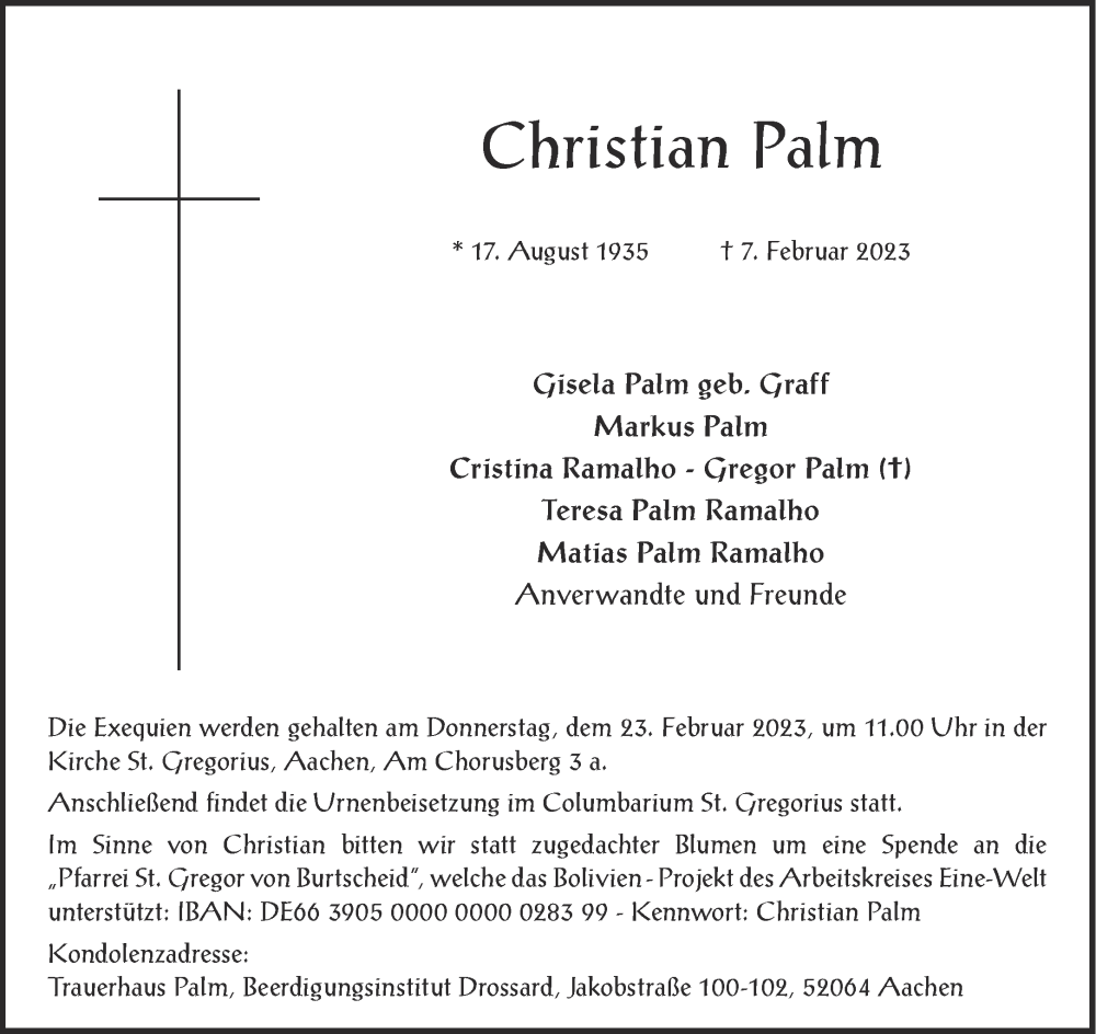  Traueranzeige für Christian Palm vom 18.02.2023 aus Aachener Zeitung / Aachener Nachrichten