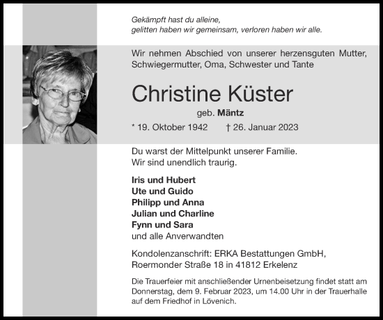 Traueranzeige von Christine Küster von Zeitung am Sonntag