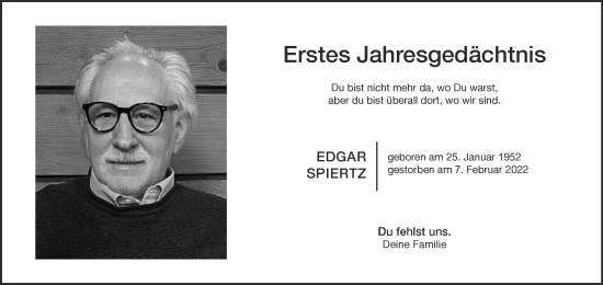 Traueranzeige von Edgar Spiertz von Zeitung am Sonntag