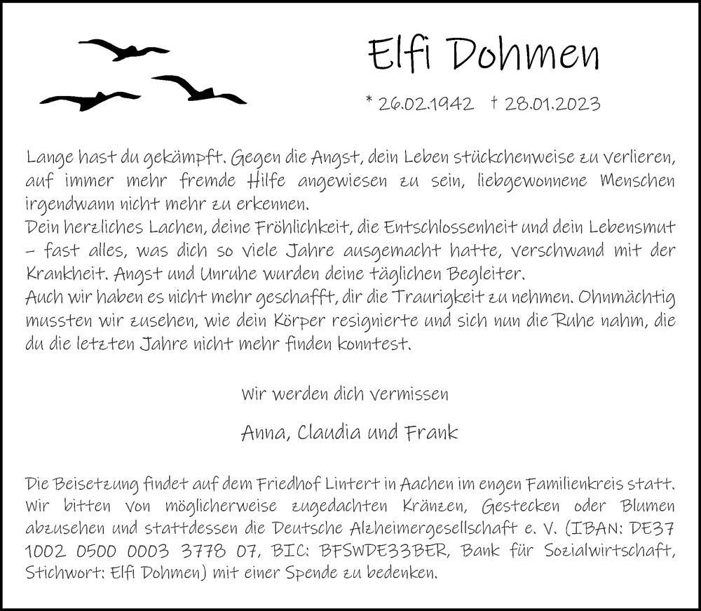  Traueranzeige für Elfi Dohmen vom 18.02.2023 aus Aachener Zeitung / Aachener Nachrichten
