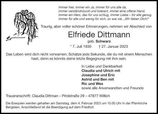 Traueranzeige von Elfriede Dittmann von Aachener Zeitung / Aachener Nachrichten