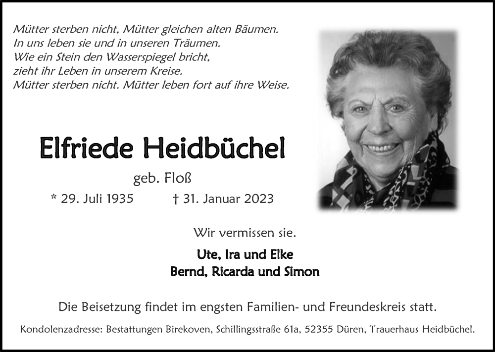  Traueranzeige für Elfriede Heidbüchel vom 12.02.2023 aus Zeitung am Sonntag