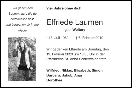 Traueranzeige von Elfriede Laumen von Zeitung am Sonntag