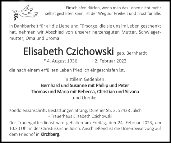 Traueranzeige von Elisabeth Czichowski von Zeitung am Sonntag