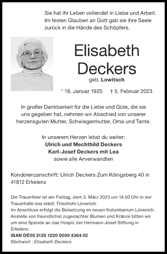 Traueranzeige von Elisabeth Deckers von Zeitung am Sonntag