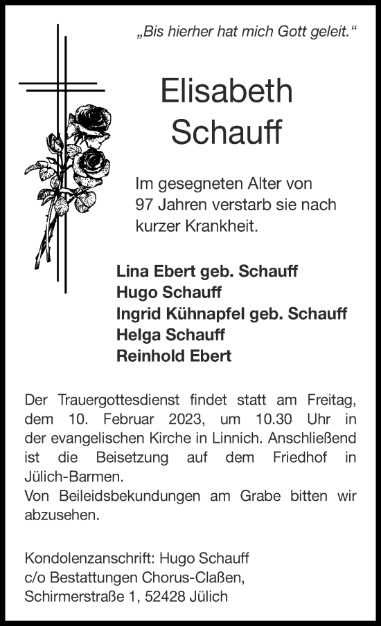 Traueranzeige von Elisabeth Schauff von Zeitung am Sonntag