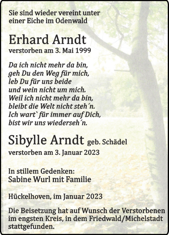 Traueranzeige von Erhard Arndt von Zeitung am Sonntag