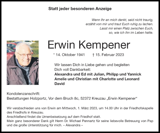 Traueranzeige von Erwin Kempener von Zeitung am Sonntag