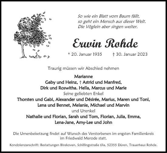 Traueranzeige von Erwin Rohde von Zeitung am Sonntag