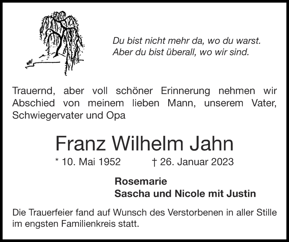  Traueranzeige für Franz Wilhelm Jahn vom 05.02.2023 aus Zeitung am Sonntag