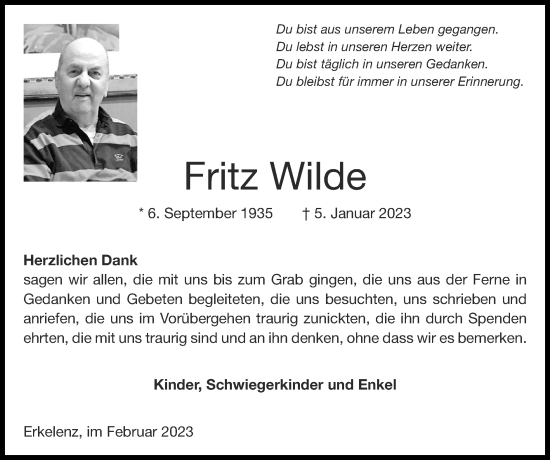 Traueranzeige von Fritz Wilde von Zeitung am Sonntag