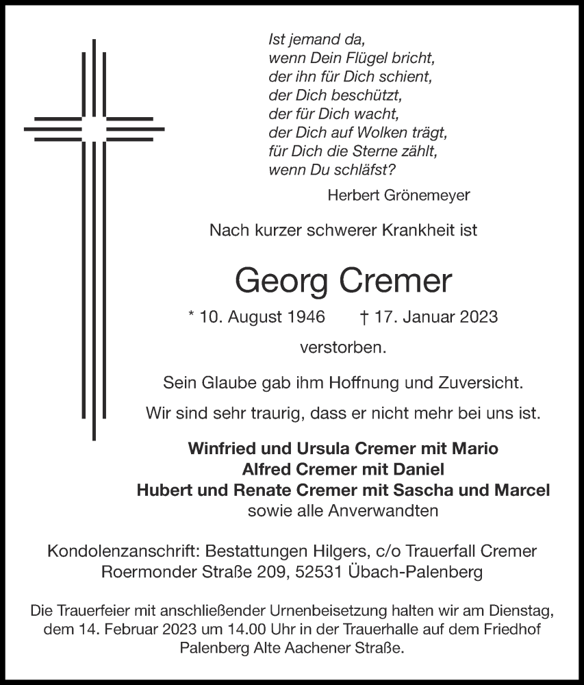 Traueranzeigen von Cremer Aachen gedenkt