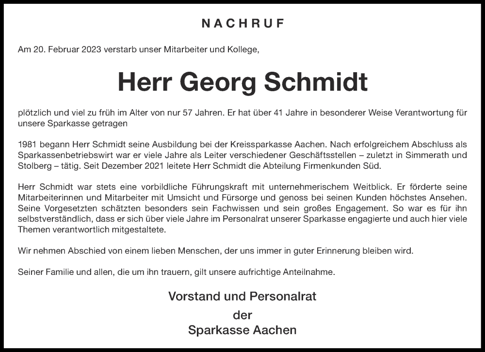  Traueranzeige für Georg Schmidt vom 25.02.2023 aus Aachener Zeitung / Aachener Nachrichten