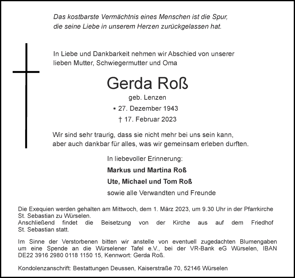  Traueranzeige für Gerda Roß vom 25.02.2023 aus Aachener Zeitung / Aachener Nachrichten