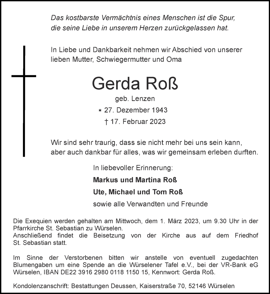  Traueranzeige für Gerda Roß vom 26.02.2023 aus Zeitung am Sonntag