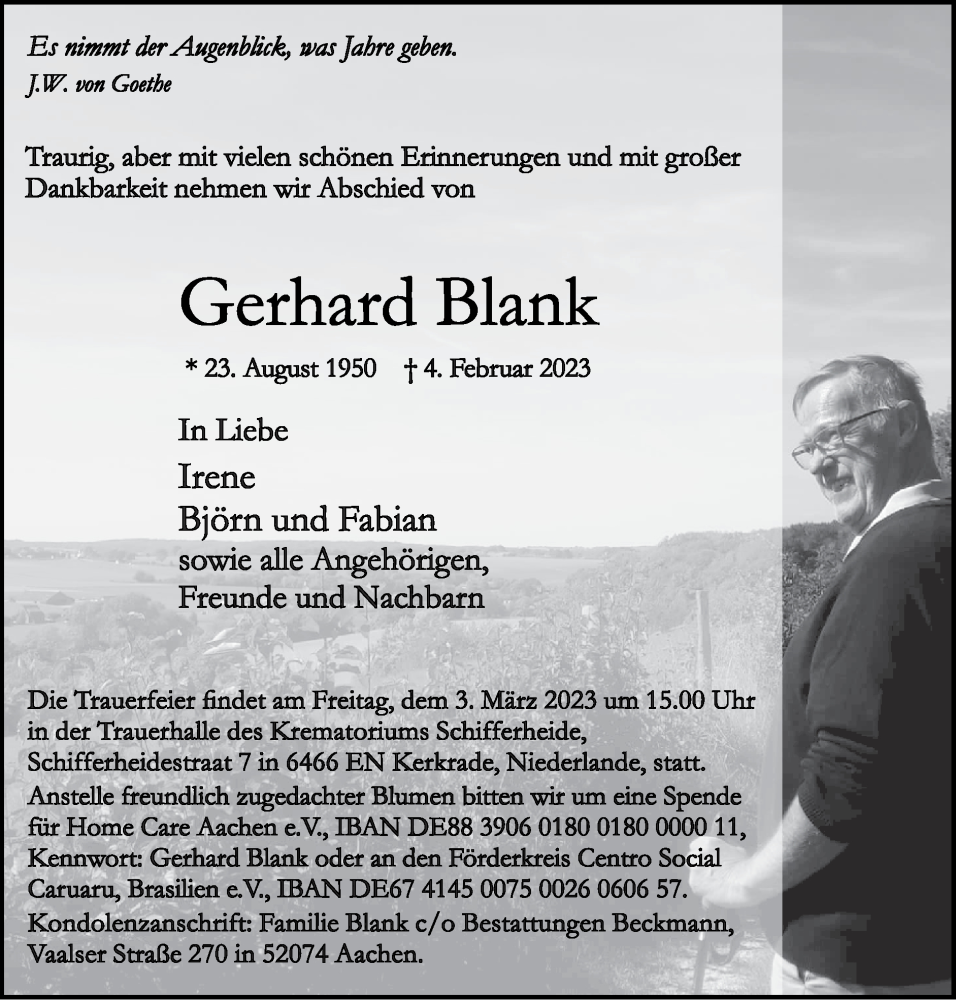  Traueranzeige für Gerhard Blank vom 12.02.2023 aus Zeitung am Sonntag