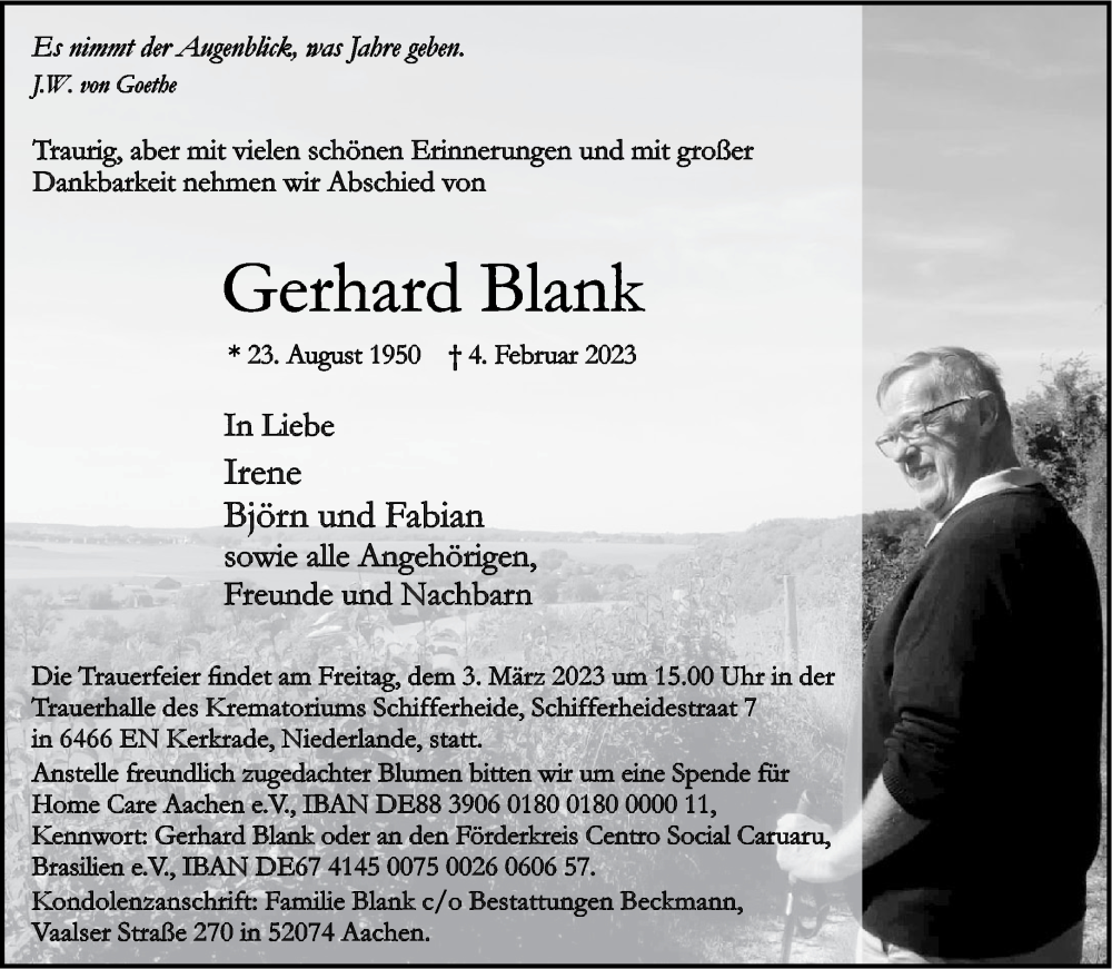  Traueranzeige für Gerhard Blank vom 11.02.2023 aus Aachener Zeitung / Aachener Nachrichten