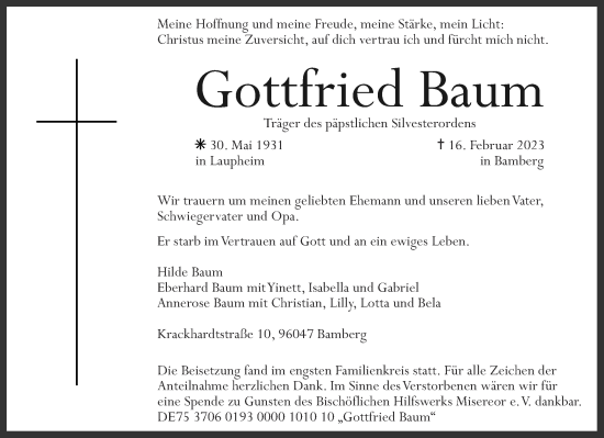 Traueranzeige von Gottfried Baum von Aachener Zeitung / Aachener Nachrichten