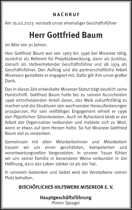 Traueranzeige von Gottfried Baum von Aachener Zeitung / Aachener Nachrichten